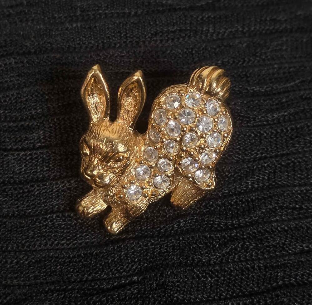 Vintage Bunny Brooch Avon Gold Tone Rhinestone Rabbit Pin Cottagecore
